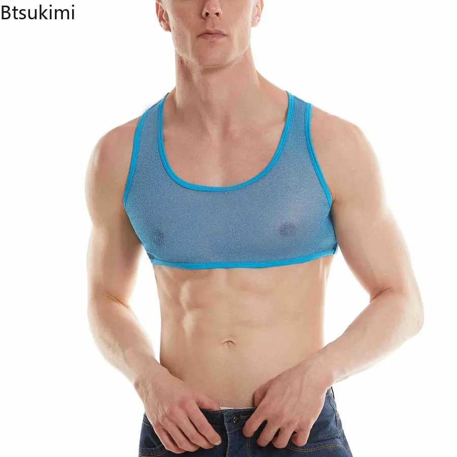 New 2025 Man's Sexy Shiny Transparent Mesh Crop Tops Vest Sleeveless Sports Muscle Undershirt U Neck Vests Tee Clothing for Men