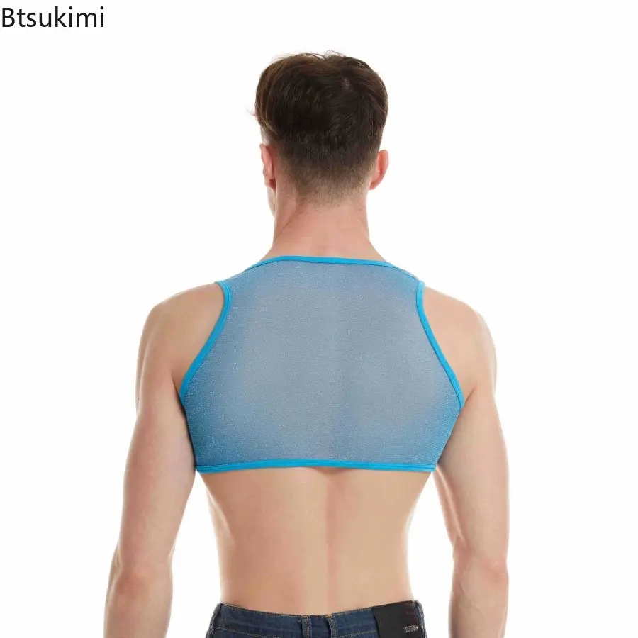 New 2025 Man's Sexy Shiny Transparent Mesh Crop Tops Vest Sleeveless Sports Muscle Undershirt U Neck Vests Tee Clothing for Men
