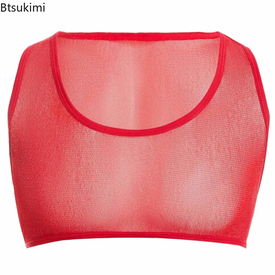 New 2025 Man's Sexy Shiny Transparent Mesh Crop Tops Vest Sleeveless Sports Muscle Undershirt U Neck Vests Tee Clothing for Men