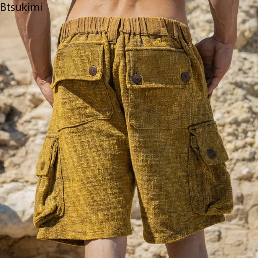 2025 Fashion Men's Patchwork Cargo Shorts Multi-pockets Retro Loose Casual Short Pants Men Summer Beach Shorts Trend Streetwear
