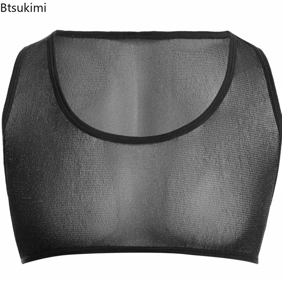 New 2025 Man's Sexy Shiny Transparent Mesh Crop Tops Vest Sleeveless Sports Muscle Undershirt U Neck Vests Tee Clothing for Men