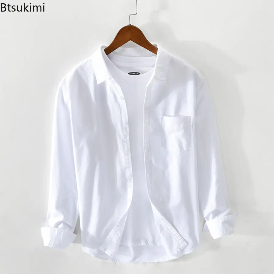 2025 New Men's Oxford 100% Cotton Long-sleeved Shirts Simple Casual Solid Color Loose Shirt Coats Men Breathable Cardigan Blouse