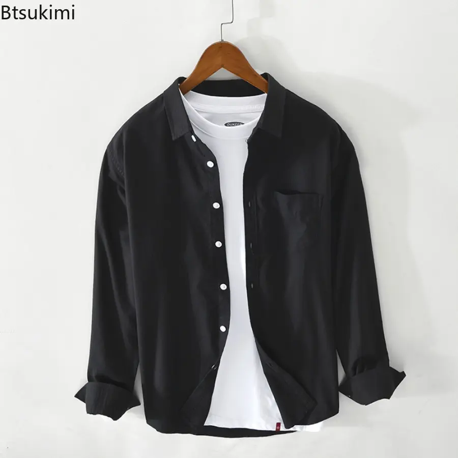 2025 New Men's Oxford 100% Cotton Long-sleeved Shirts Simple Casual Solid Color Loose Shirt Coats Men Breathable Cardigan Blouse