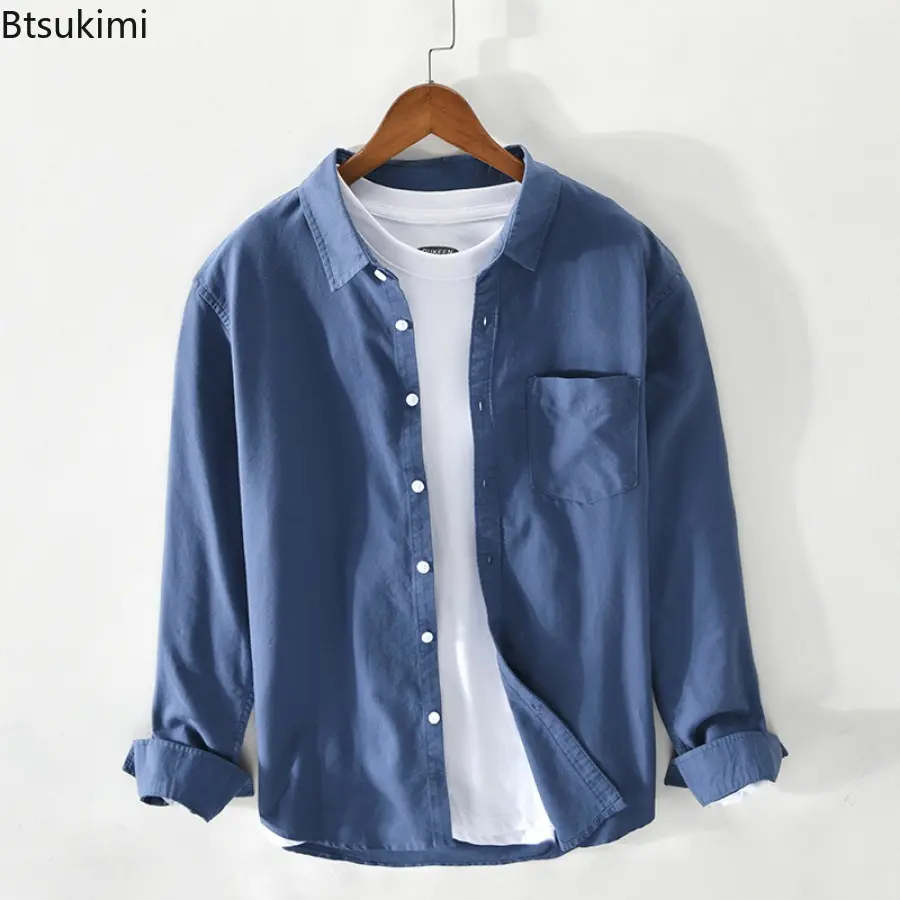 2025 New Men's Oxford 100% Cotton Long-sleeved Shirts Simple Casual Solid Color Loose Shirt Coats Men Breathable Cardigan Blouse