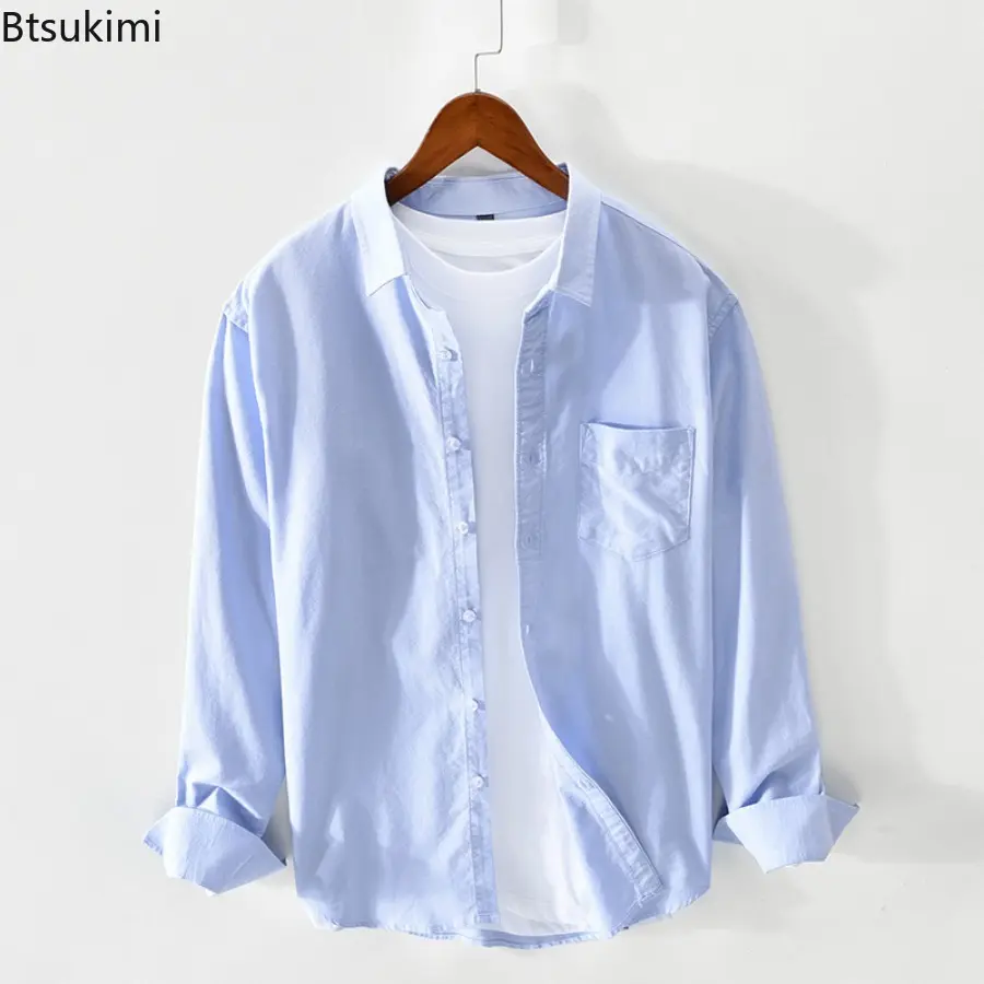 2025 New Men's Oxford 100% Cotton Long-sleeved Shirts Simple Casual Solid Color Loose Shirt Coats Men Breathable Cardigan Blouse