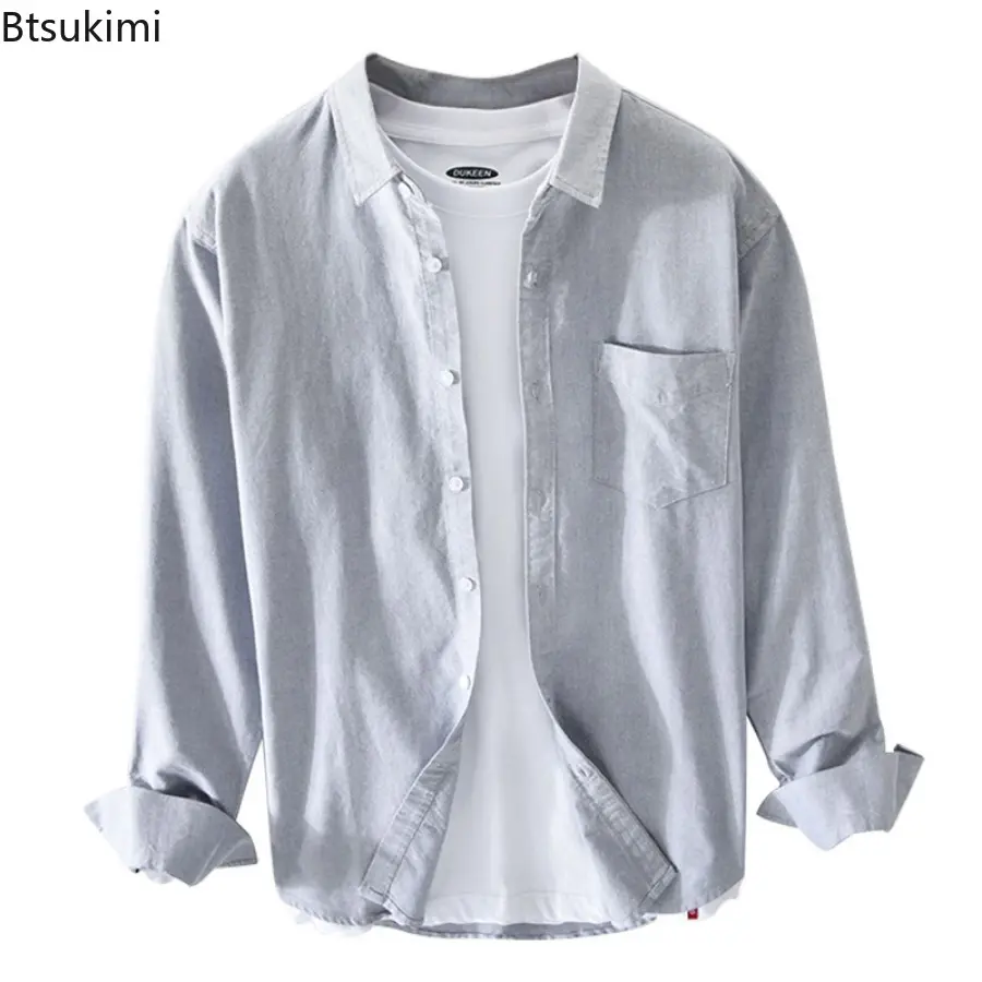 2025 New Men's Oxford 100% Cotton Long-sleeved Shirts Simple Casual Solid Color Loose Shirt Coats Men Breathable Cardigan Blouse