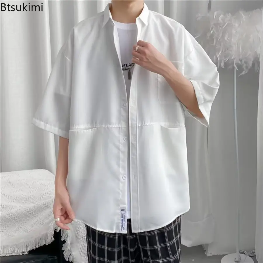 New 2025 Men's Summer Short-sleeved Shirt Hong Kong Style Solid Color Tops for Men Fashion Handsome Casual Loose Male T-shirt