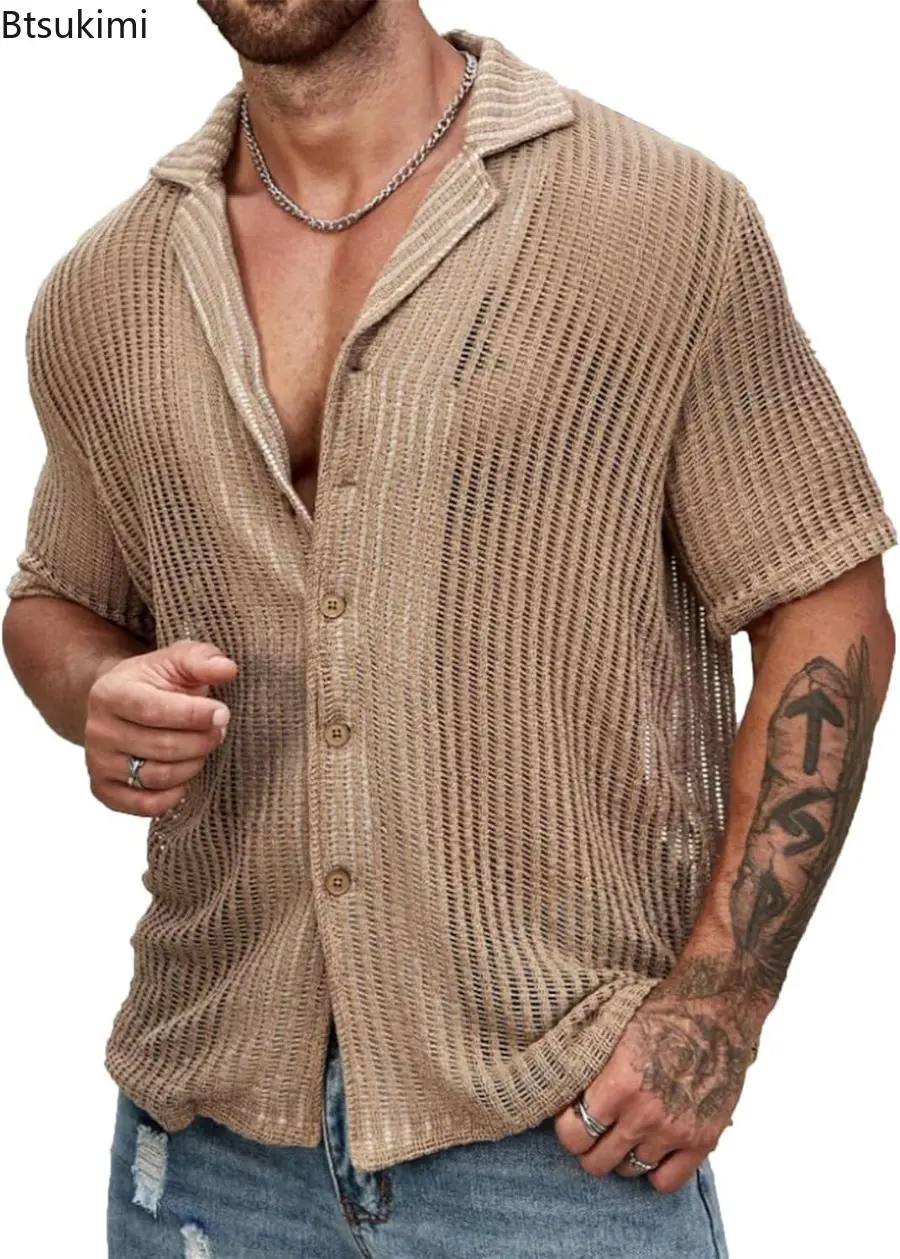Sexy Hollow Out Knitted Shirts for Men Summer Cool Breathable Short-sleeved Cardigan Loose Casual Knit Mesh Tops Male Streetwear