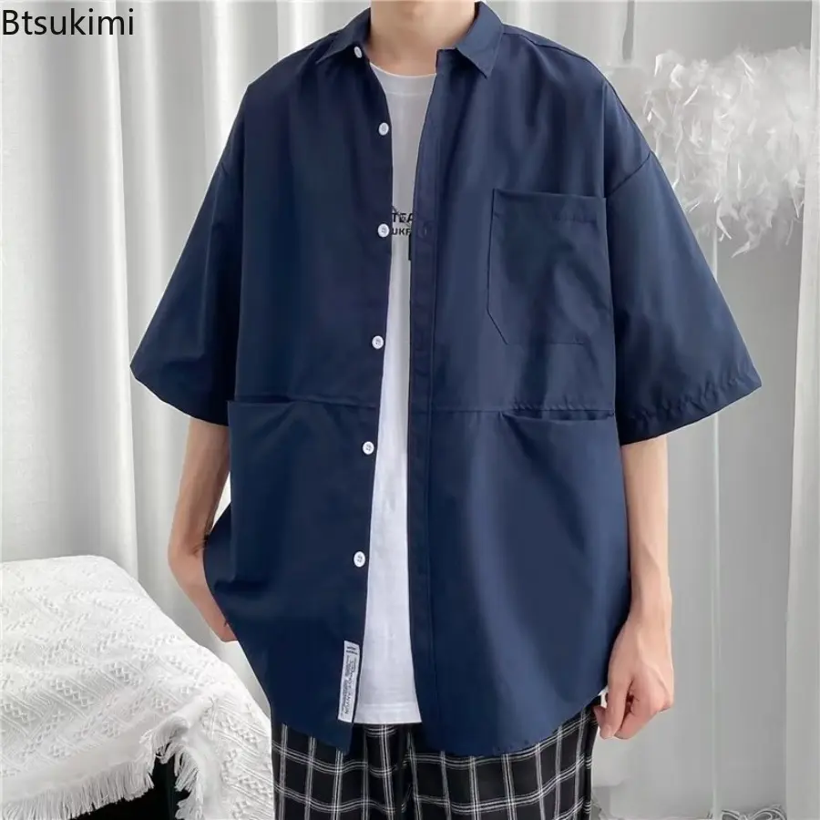 New 2025 Men's Summer Short-sleeved Shirt Hong Kong Style Solid Color Tops for Men Fashion Handsome Casual Loose Male T-shirt