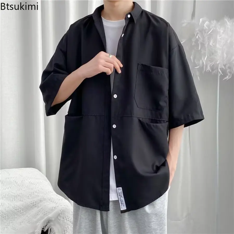 New 2025 Men's Summer Short-sleeved Shirt Hong Kong Style Solid Color Tops for Men Fashion Handsome Casual Loose Male T-shirt