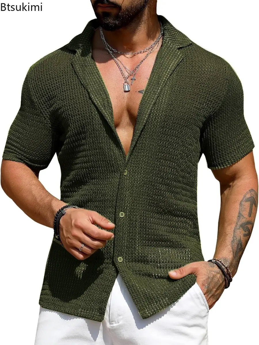 Sexy Hollow Out Knitted Shirts for Men Summer Cool Breathable Short-sleeved Cardigan Loose Casual Knit Mesh Tops Male Streetwear