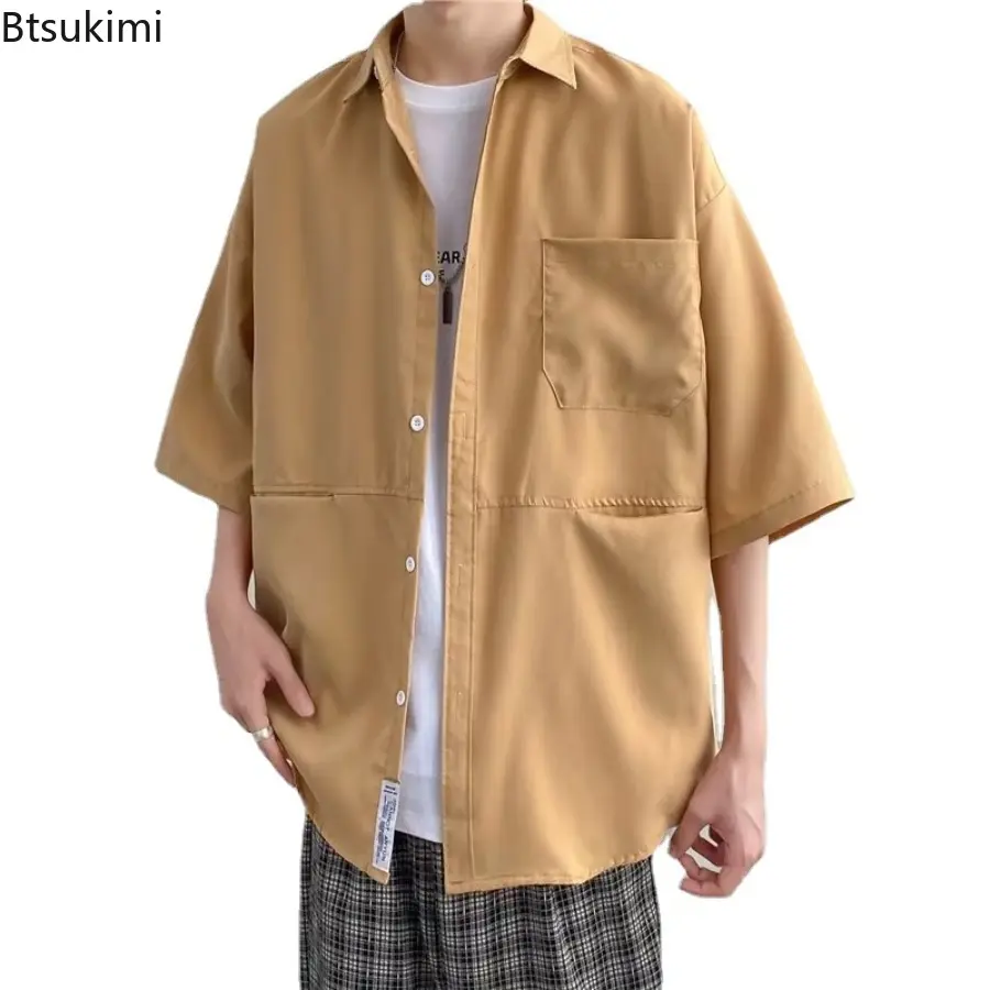New 2025 Men's Summer Short-sleeved Shirt Hong Kong Style Solid Color Tops for Men Fashion Handsome Casual Loose Male T-shirt