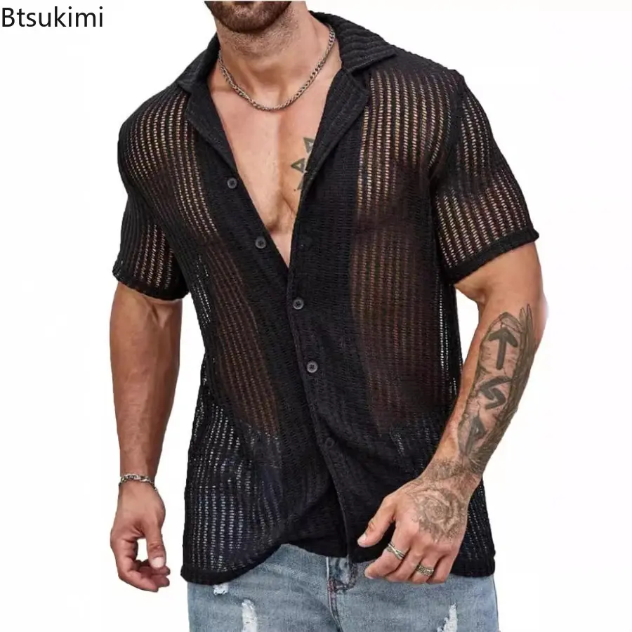 Sexy Hollow Out Knitted Shirts for Men Summer Cool Breathable Short-sleeved Cardigan Loose Casual Knit Mesh Tops Male Streetwear