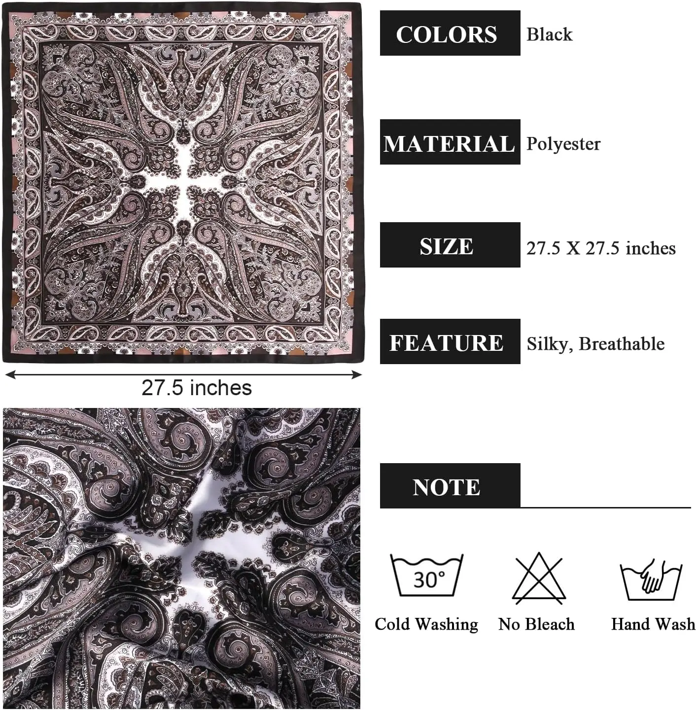 1 Pcs  Satin Head Scarf Silk Like Hair Scarf Stain Bandana Hair Wrap Neck Scarf for Women(Black)