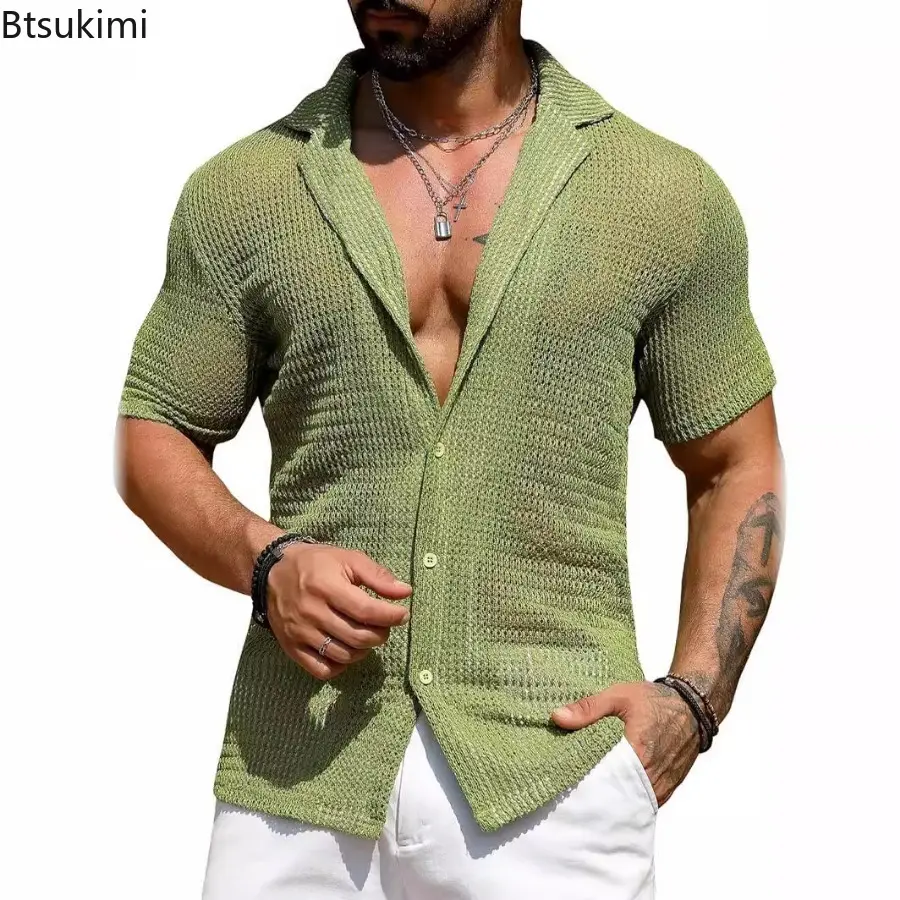 Sexy Hollow Out Knitted Shirts for Men Summer Cool Breathable Short-sleeved Cardigan Loose Casual Knit Mesh Tops Male Streetwear
