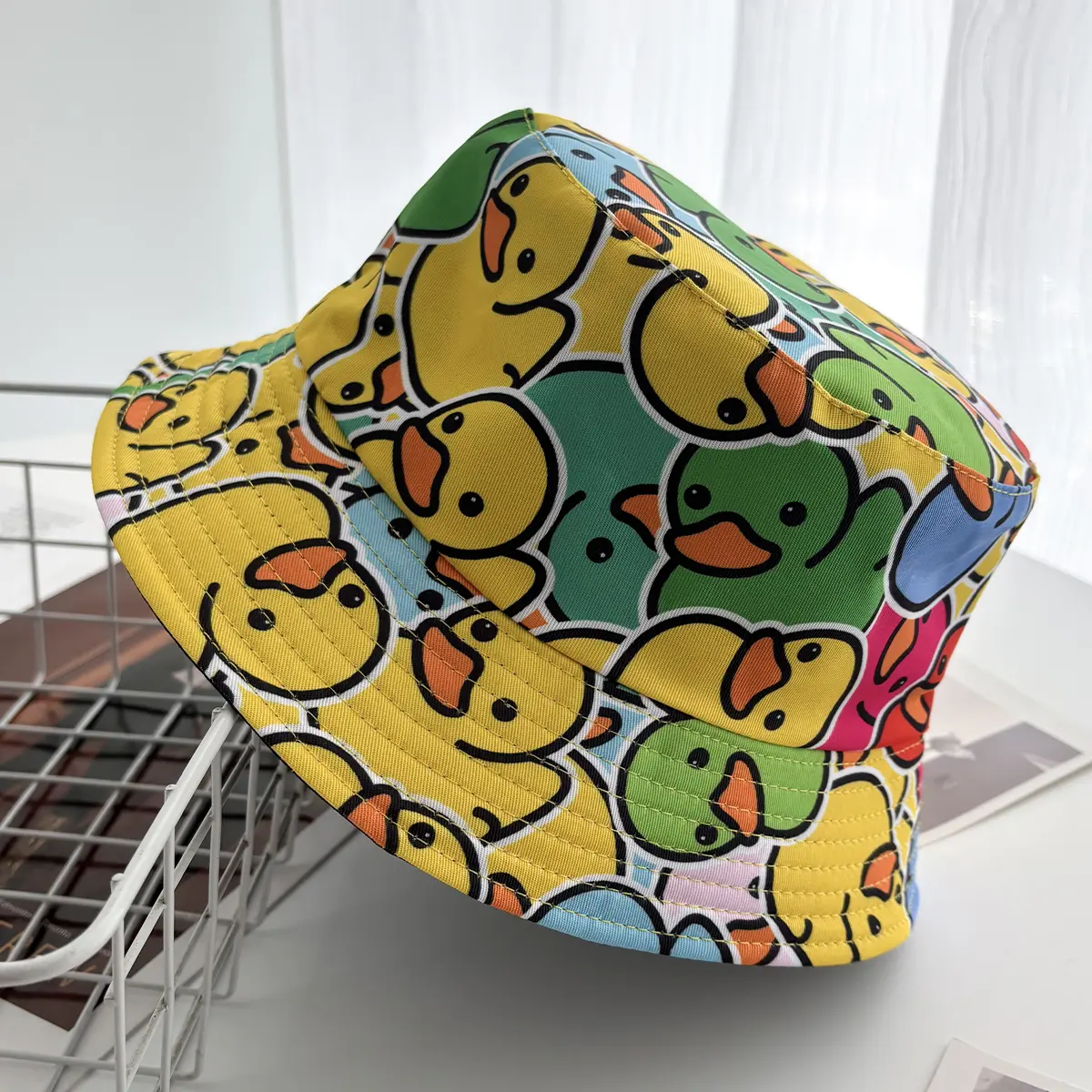 Cartoon Duck Bucket Hat Cool Cute Pattern Fisherman Hats Yellow Duck Printing Panama Cap For Men Women Reversible Outdoor