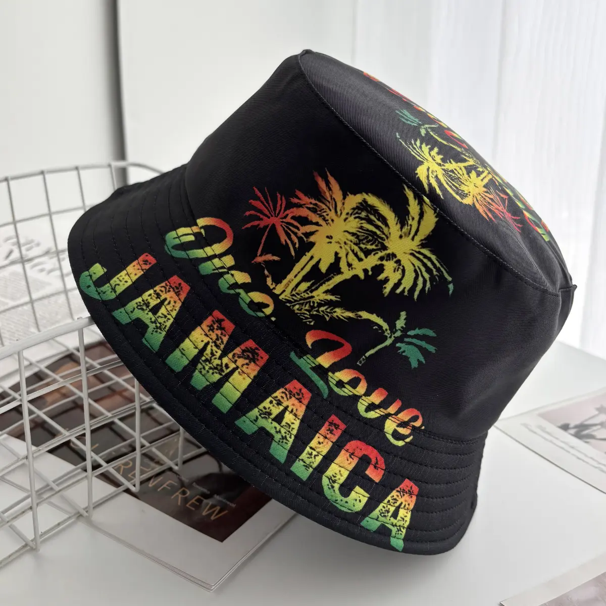 Unisex Fashion New Summer Reversible Black White Coconut Tree Printed Fisherman Caps Bucket Hats Two Side Hip Hop Hat Men Women