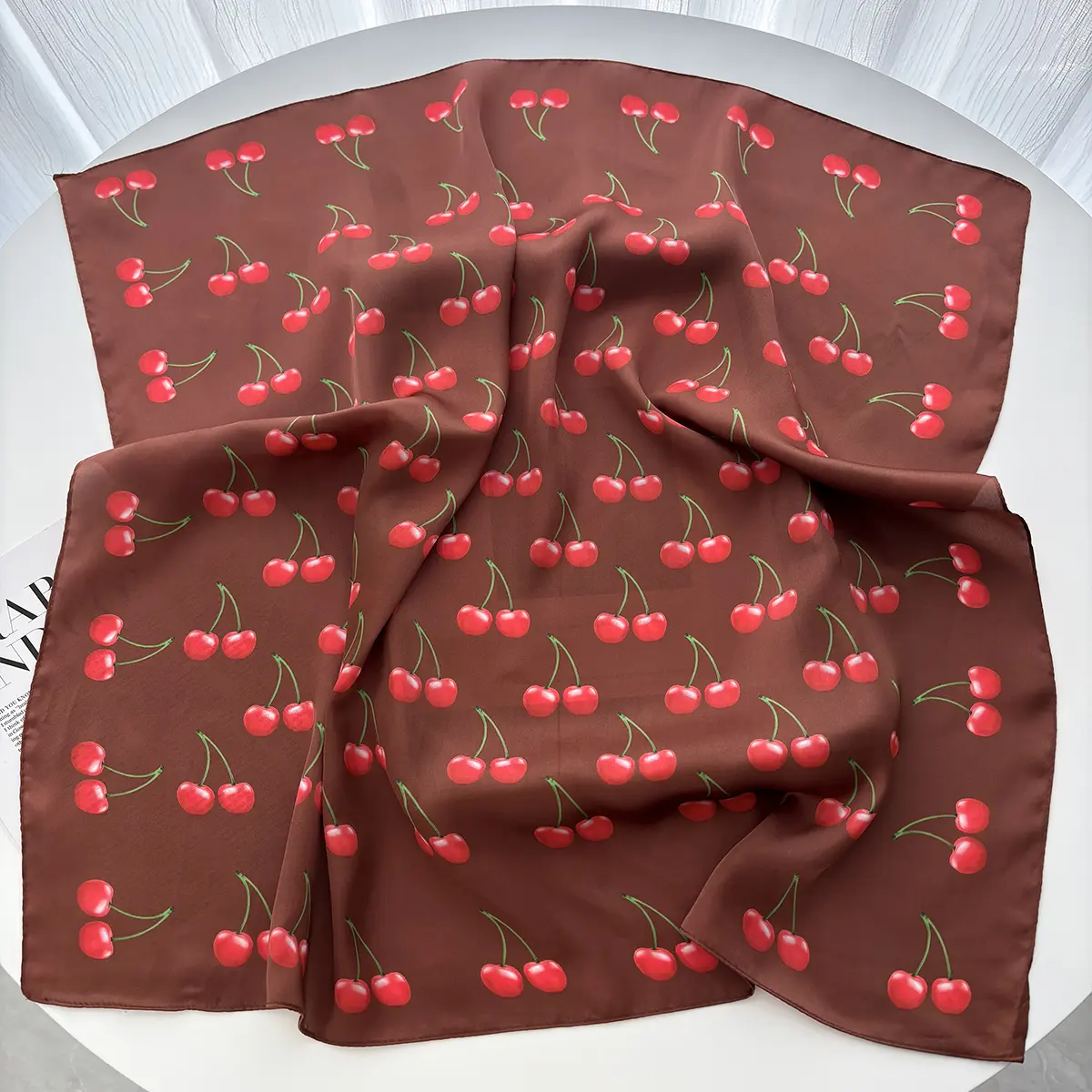 Luxury Square Satin Scarf Women Cute Fruit Cherry Pattern Shawls and Wraps Fashion Small Bag Scarves Hair Tie Bandanas 70*70Cm