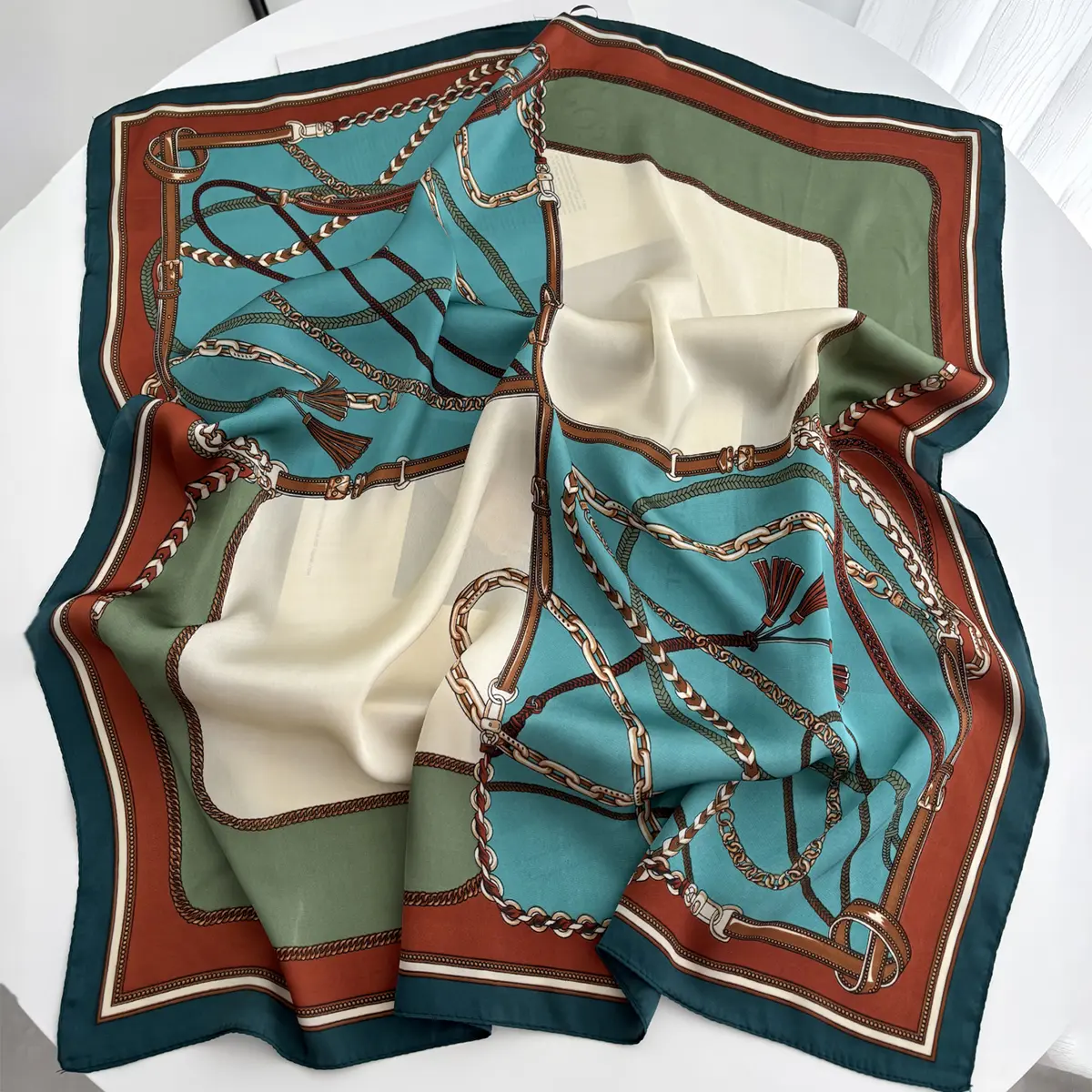 Luxury Botanical Printed Square Scarf Elegant Thin Smooth Neck Scarf Literary Decorative Silky Headband For Women