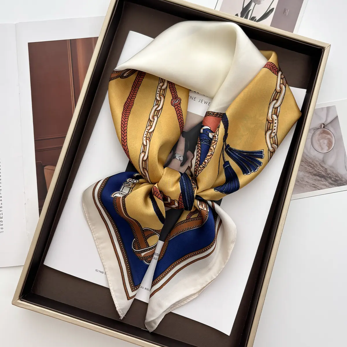 Luxury Botanical Printed Square Scarf Elegant Thin Smooth Neck Scarf Literary Decorative Silky Headband For Women