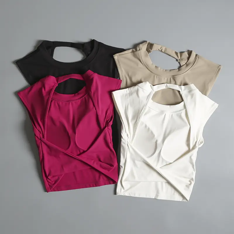 Summer Sexy Short Backless Fixed Chest Pad Sports T-shirt Vest Women's Tight Quick-drying Sports Bras Sleeves Slimming Yoga Top
