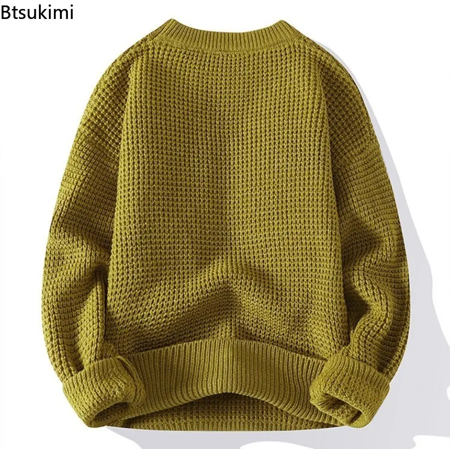 2025 Autumn Winter Men Pullovers Sweaters Knitted Top Round Neck Coarse Needle Full Sleeve Sweaters Solid Casual Loose Pullovers