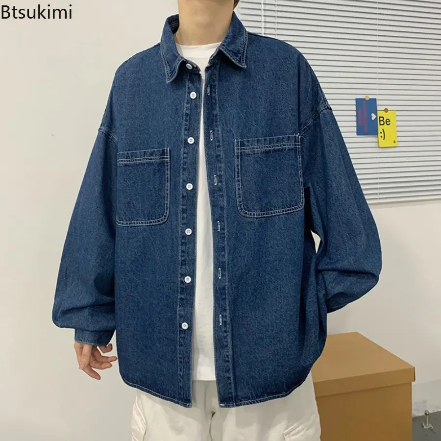 New 2025 Men's Fashion Cowboy Jacket Shirt Workwear Long Sleeved Jacket Spring and Autumn Dark Blue Loose Casual Shirt for Men