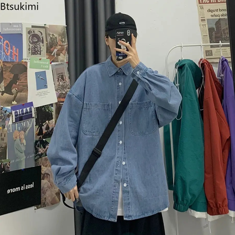 New 2025 Men's Fashion Cowboy Jacket Shirt Workwear Long Sleeved Jacket Spring and Autumn Dark Blue Loose Casual Shirt for Men