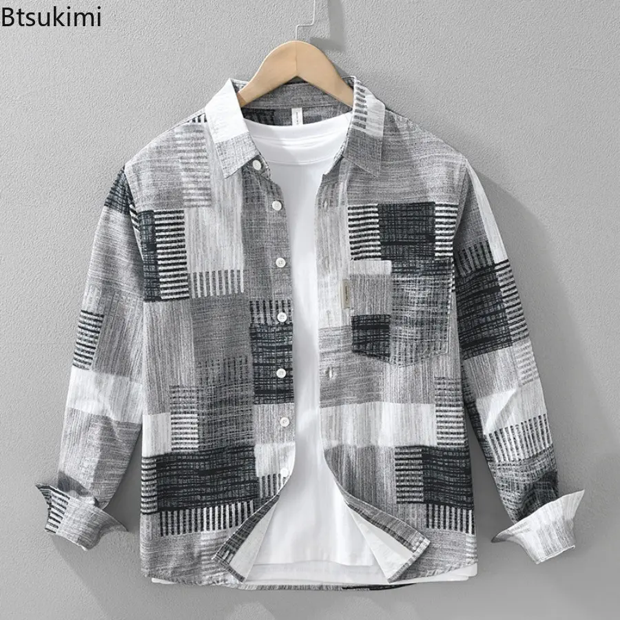 Men's 100% Cotton Casual Shirt Japan Style Good Quality Vintage Printing Long Sleeve Loose Casual Lapel Blouse Versatile Tops