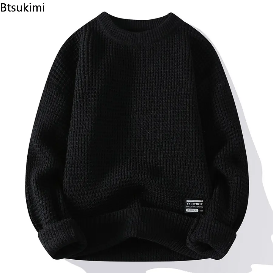 2025 Autumn Winter Men Pullovers Sweaters Knitted Top Round Neck Coarse Needle Full Sleeve Sweaters Solid Casual Loose Pullovers