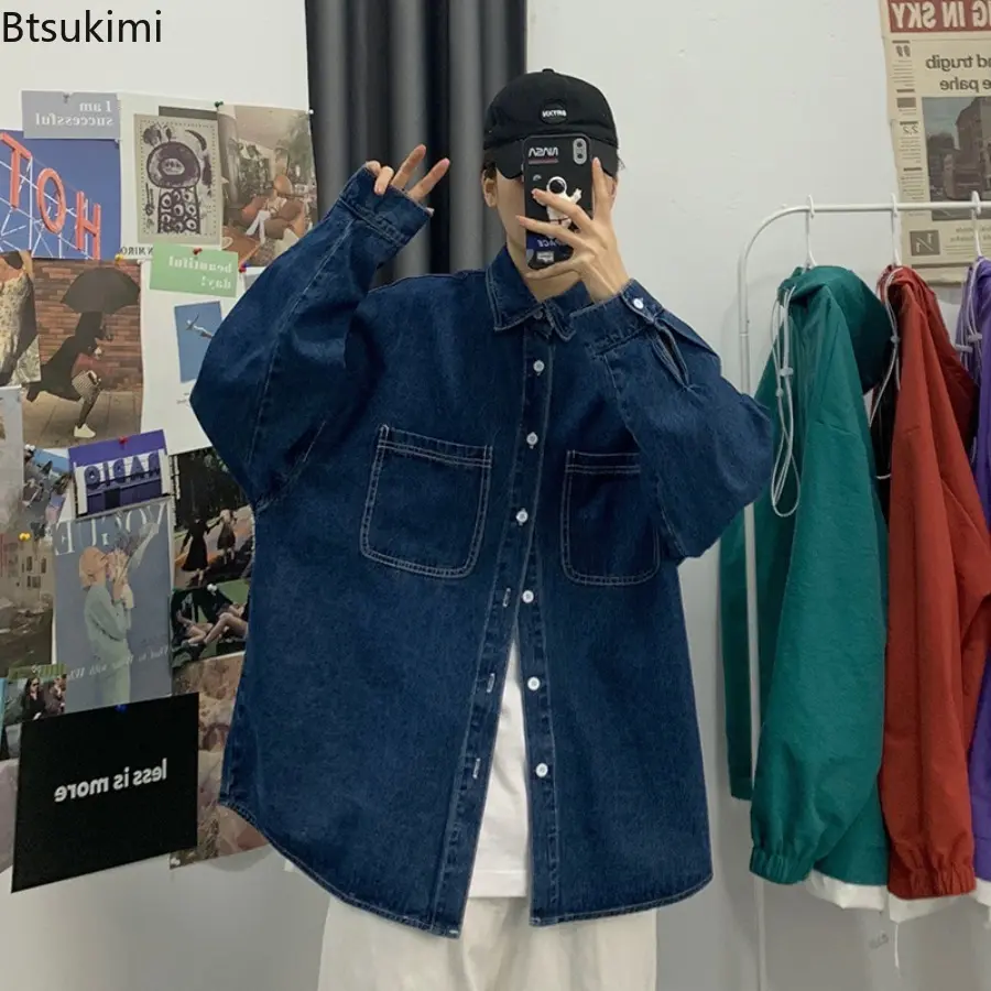 New 2025 Men's Fashion Cowboy Jacket Shirt Workwear Long Sleeved Jacket Spring and Autumn Dark Blue Loose Casual Shirt for Men