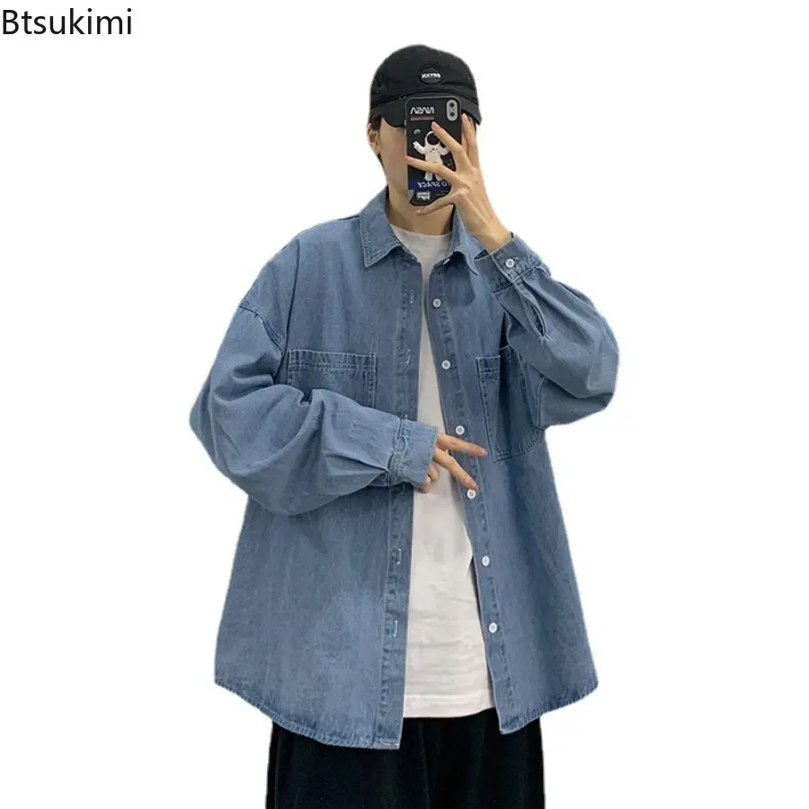 New 2025 Men's Fashion Cowboy Jacket Shirt Workwear Long Sleeved Jacket Spring and Autumn Dark Blue Loose Casual Shirt for Men