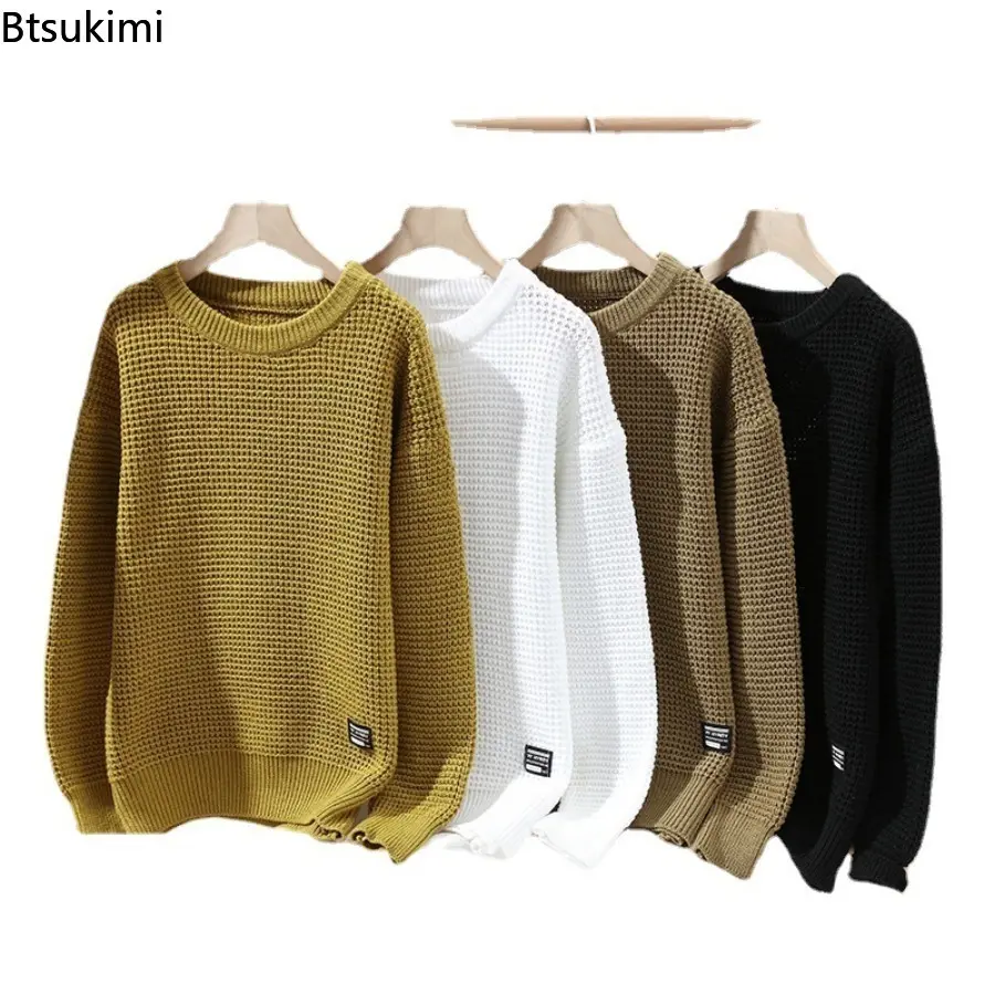 2025 Autumn Winter Men Pullovers Sweaters Knitted Top Round Neck Coarse Needle Full Sleeve Sweaters Solid Casual Loose Pullovers