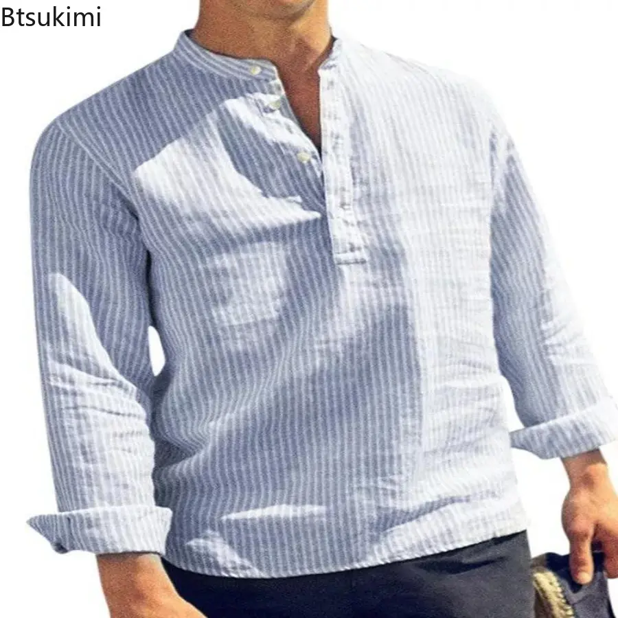 New 2025 Men's Striped Stand Collar Long Sleeve Shirts Casual Single Breasted Shirts for Men Casual Loose Fitting Pullover Tops