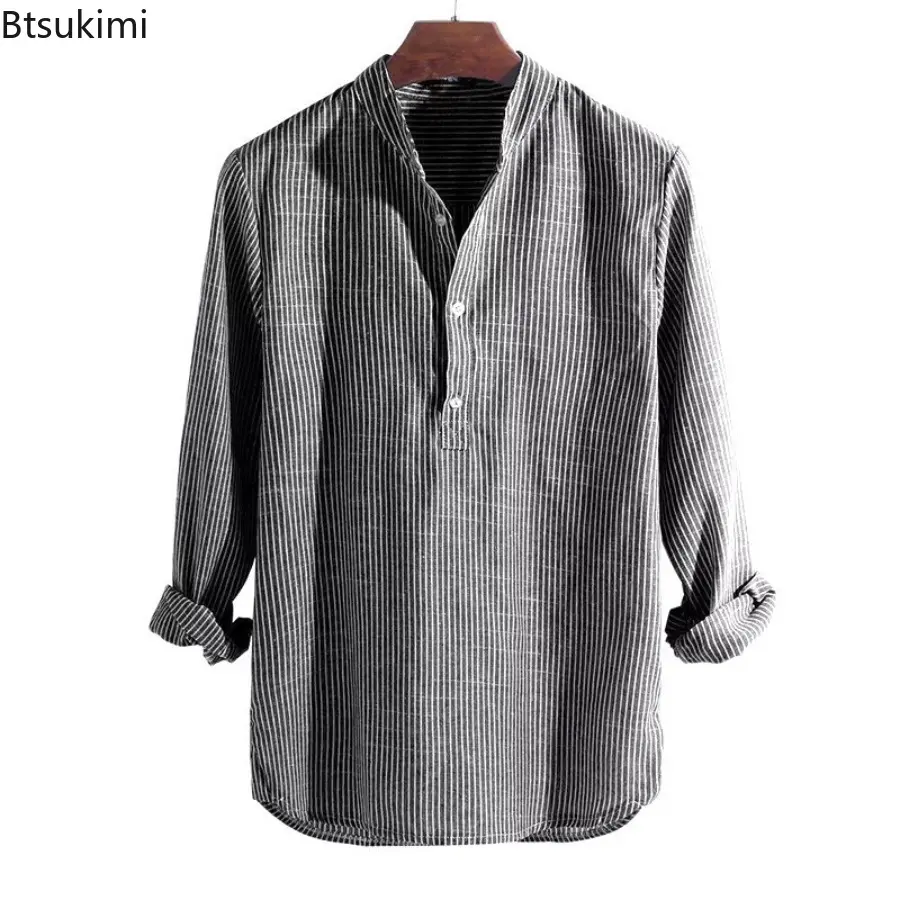 New 2025 Men's Striped Stand Collar Long Sleeve Shirts Casual Single Breasted Shirts for Men Casual Loose Fitting Pullover Tops