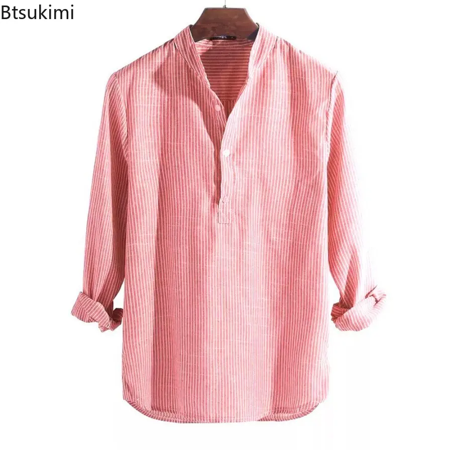 New 2025 Men's Striped Stand Collar Long Sleeve Shirts Casual Single Breasted Shirts for Men Casual Loose Fitting Pullover Tops