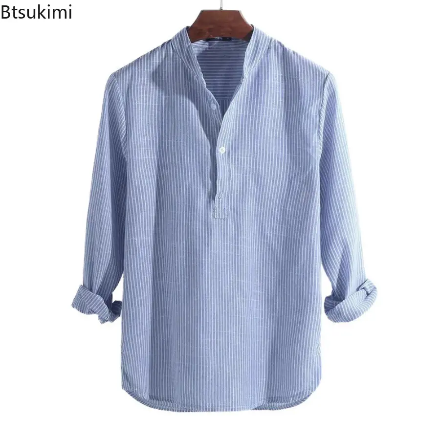 New 2025 Men's Striped Stand Collar Long Sleeve Shirts Casual Single Breasted Shirts for Men Casual Loose Fitting Pullover Tops