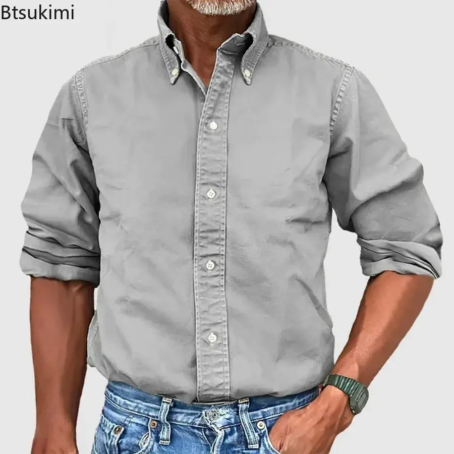 2024 Spring New Men's Solid Lapel Casual Shirt Fashion Single Breasted Long Sleeve Daily Work Tops Man Autumn Blouses Streetwear