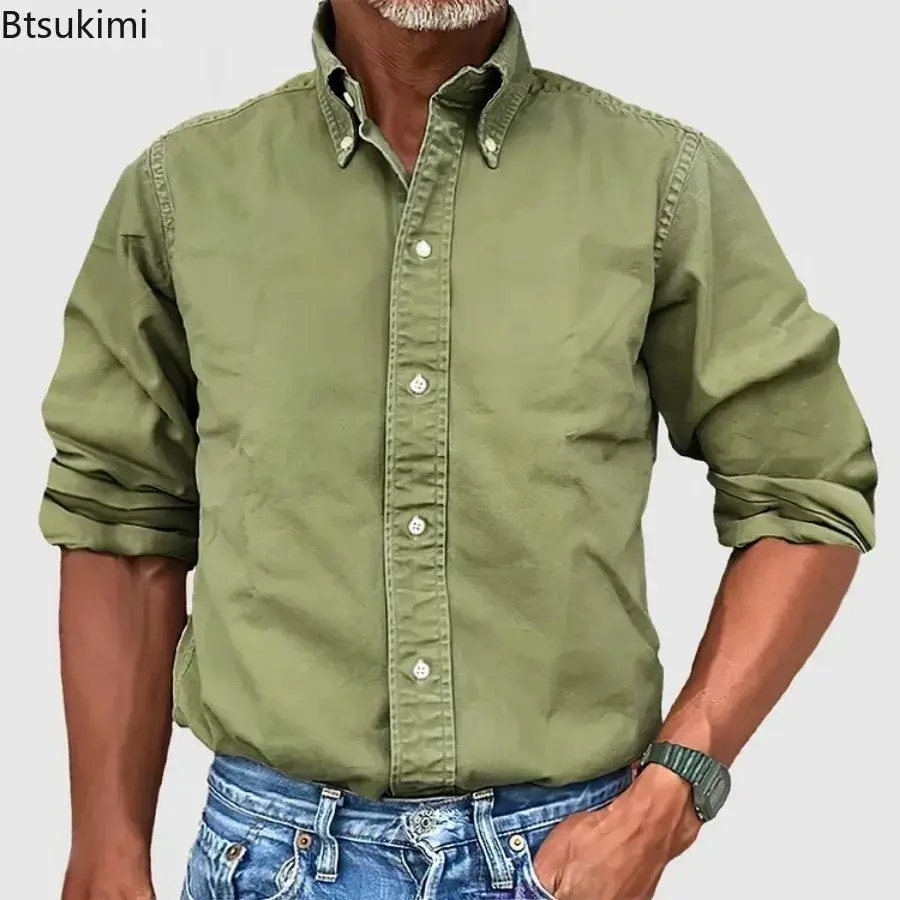 2024 Spring New Men's Solid Lapel Casual Shirt Fashion Single Breasted Long Sleeve Daily Work Tops Man Autumn Blouses Streetwear