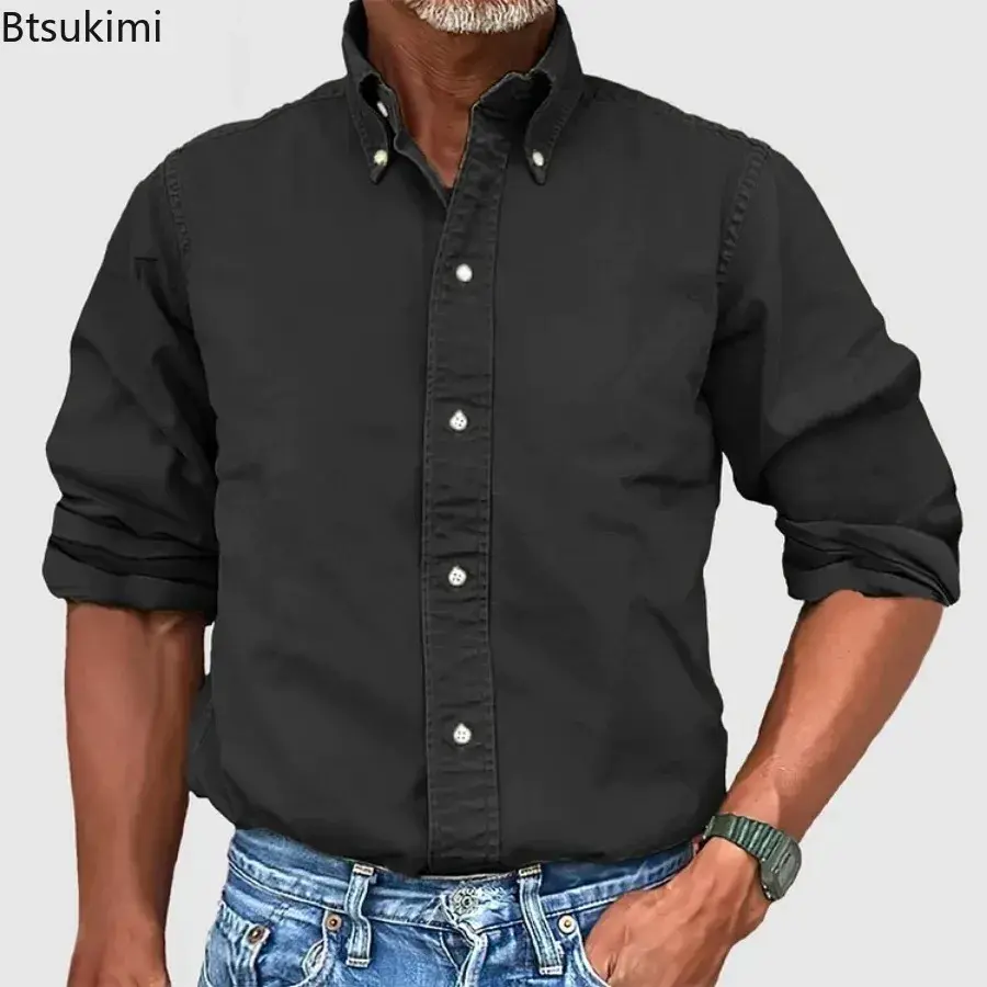 2024 Spring New Men's Solid Lapel Casual Shirt Fashion Single Breasted Long Sleeve Daily Work Tops Man Autumn Blouses Streetwear