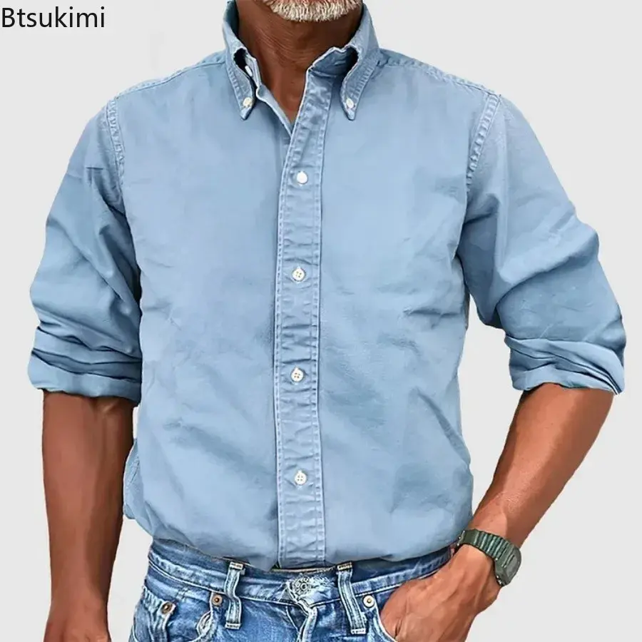 2024 Spring New Men's Solid Lapel Casual Shirt Fashion Single Breasted Long Sleeve Daily Work Tops Man Autumn Blouses Streetwear