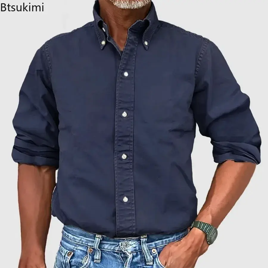 2024 Spring New Men's Solid Lapel Casual Shirt Fashion Single Breasted Long Sleeve Daily Work Tops Man Autumn Blouses Streetwear