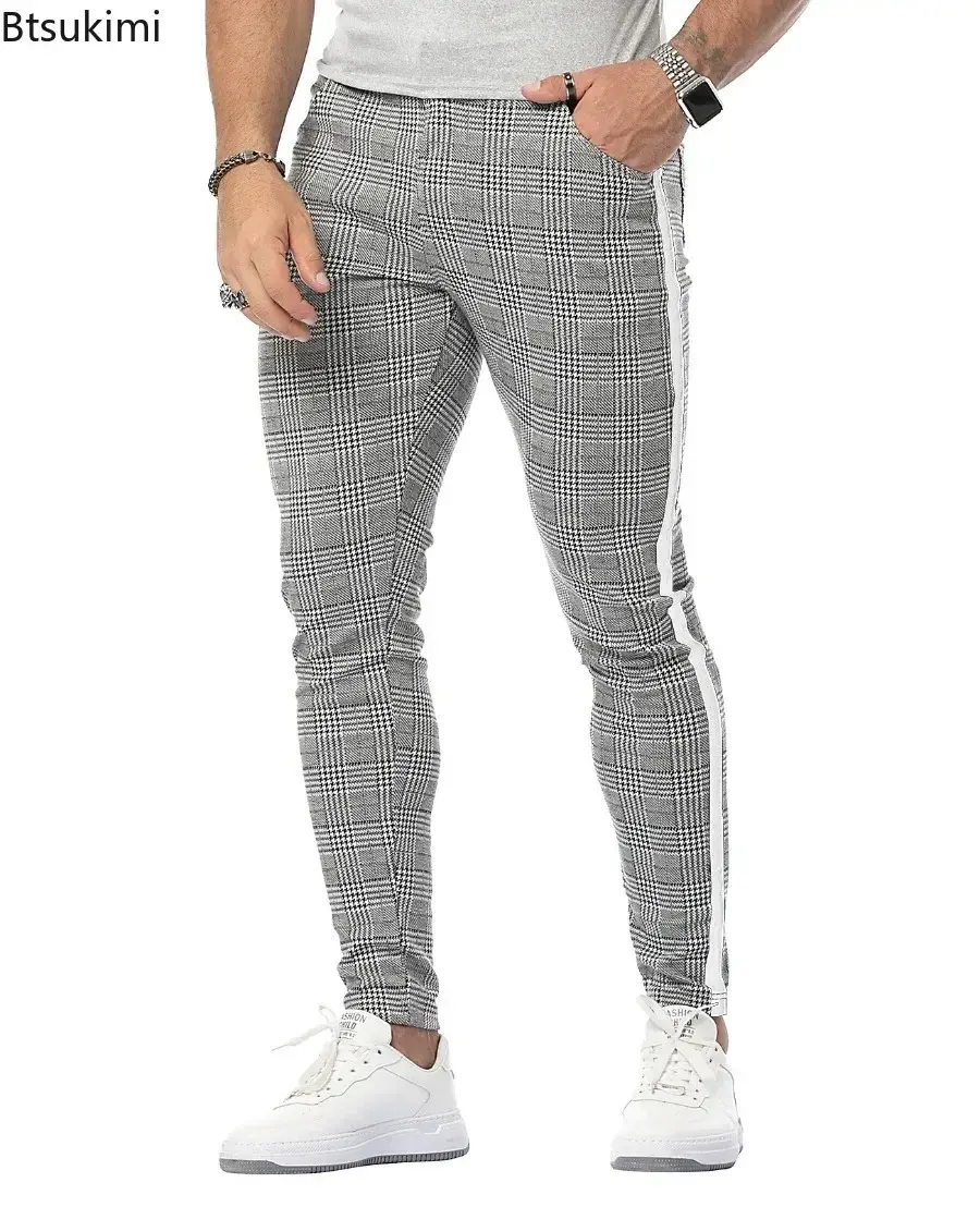 Brand New Men's Classic Plaid Casual Trousers Fashion Patcwork Design Slim Pencil Pants Trend Versatile Men Clothing Long Pants
