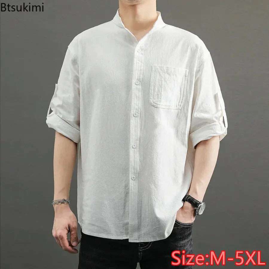 Summer Cotton Linen Shirts for Men 2025 Fashion Loose Casual Stand Collar Blouses Three-quarter Sleeve Breathable Tops Male 5XL