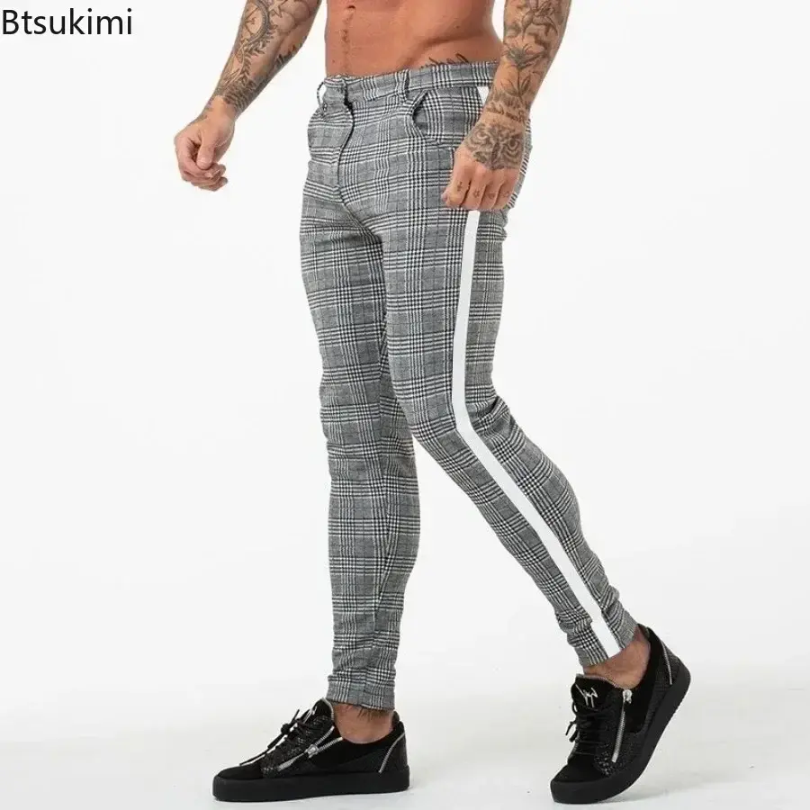 Brand New Men's Classic Plaid Casual Trousers Fashion Patcwork Design Slim Pencil Pants Trend Versatile Men Clothing Long Pants