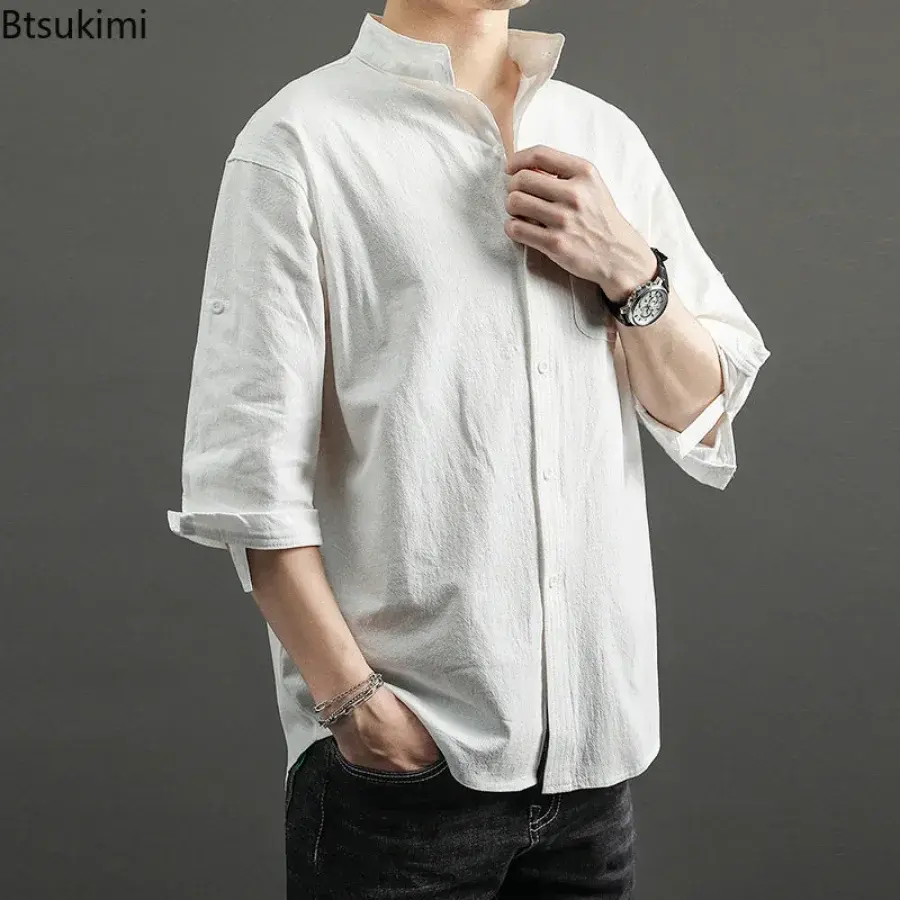 Summer Cotton Linen Shirts for Men 2025 Fashion Loose Casual Stand Collar Blouses Three-quarter Sleeve Breathable Tops Male 5XL