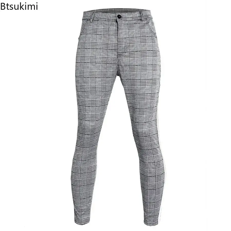 Brand New Men's Classic Plaid Casual Trousers Fashion Patcwork Design Slim Pencil Pants Trend Versatile Men Clothing Long Pants