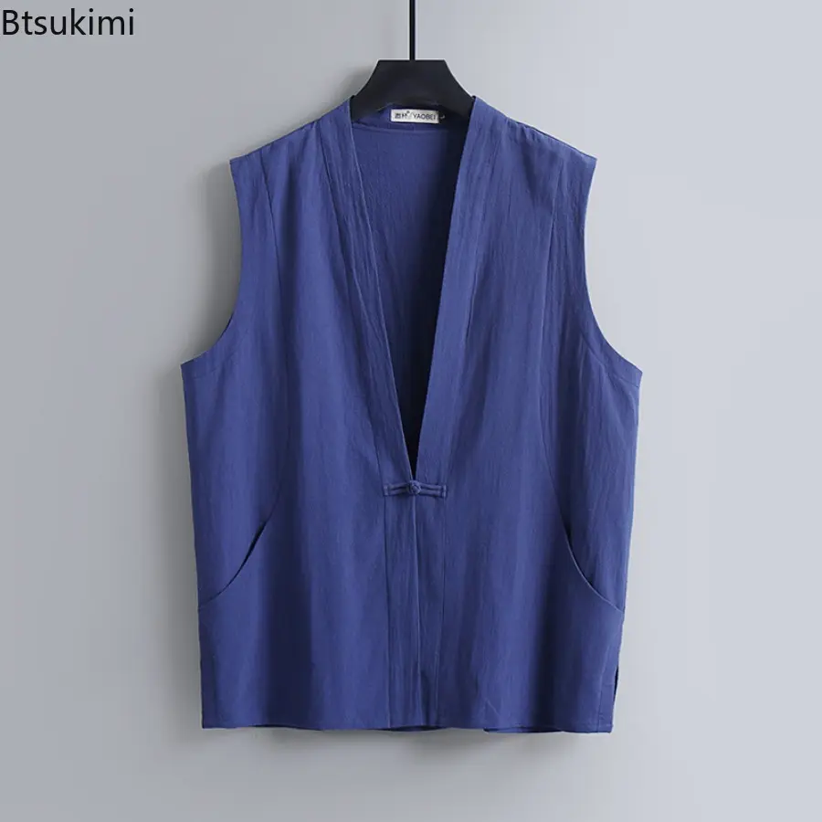 Summer Chinese Style Cotton Linen Vests Men's Solid Vintage Tang Suit Sleeveless Tank Tops Loose Casual Vests Male Plus Size 9XL