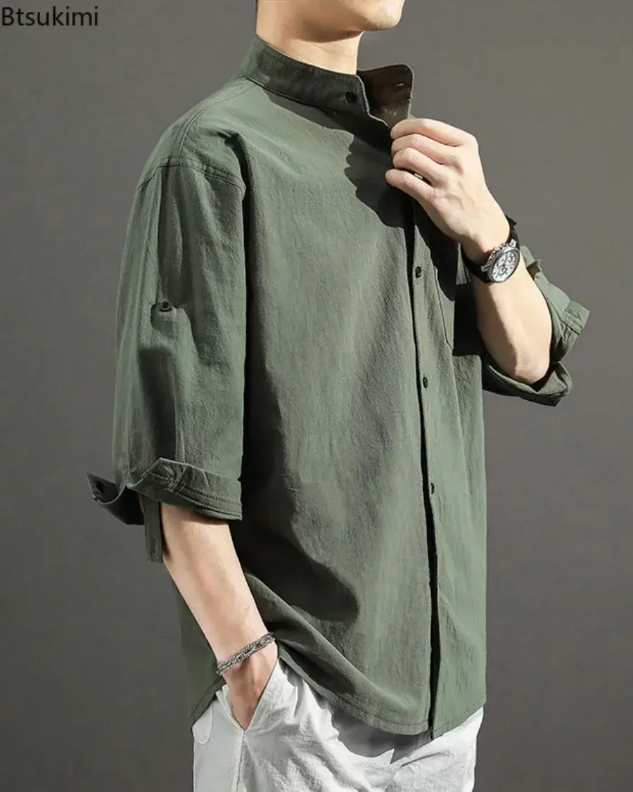 Summer Cotton Linen Shirts for Men 2025 Fashion Loose Casual Stand Collar Blouses Three-quarter Sleeve Breathable Tops Male 5XL