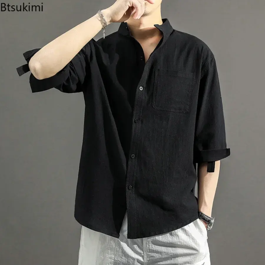 Summer Cotton Linen Shirts for Men 2025 Fashion Loose Casual Stand Collar Blouses Three-quarter Sleeve Breathable Tops Male 5XL